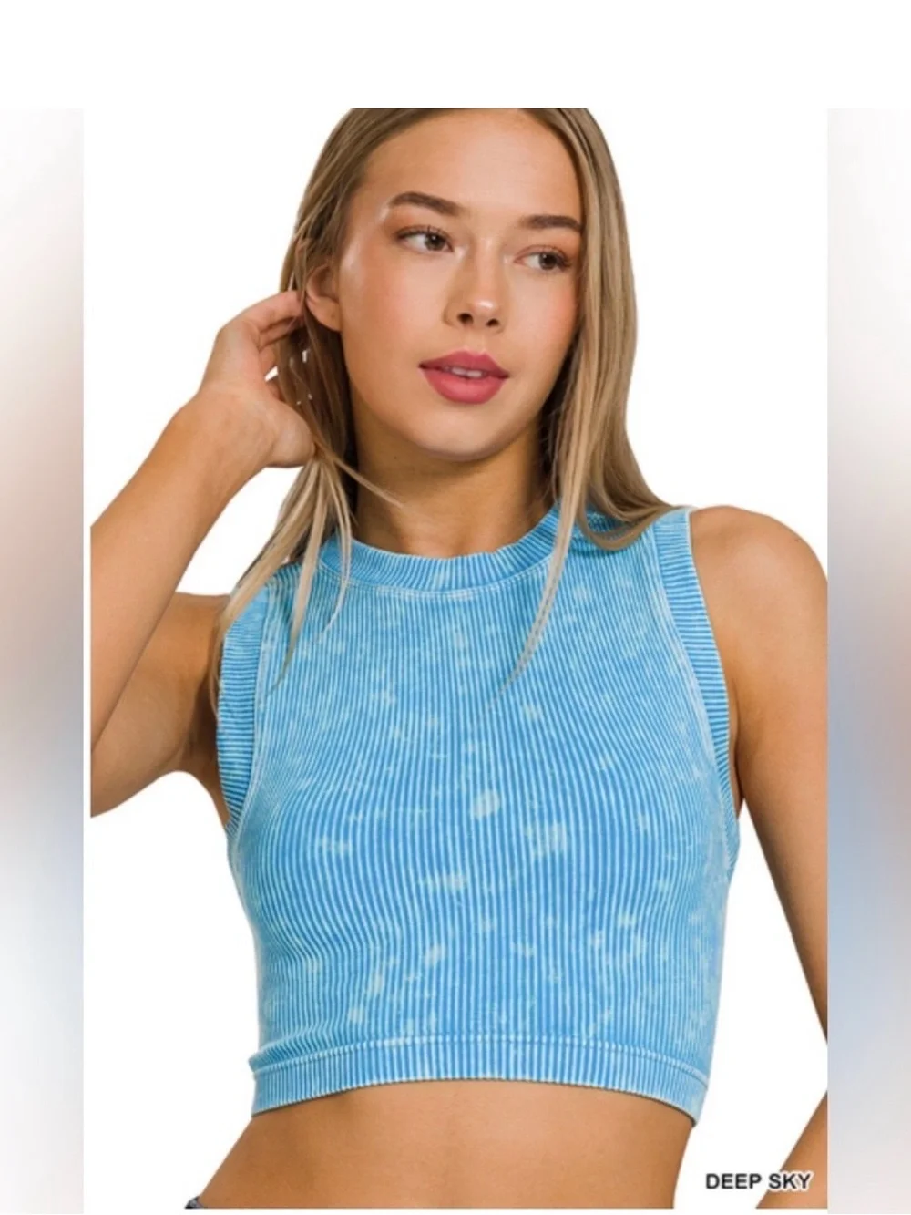 NWT ZENANA STONE WASHED RIBBED SEAMLESS CROP TOP - Picture 2 of 2